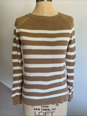 LOFT Camel and White Striped Crewneck Sweater